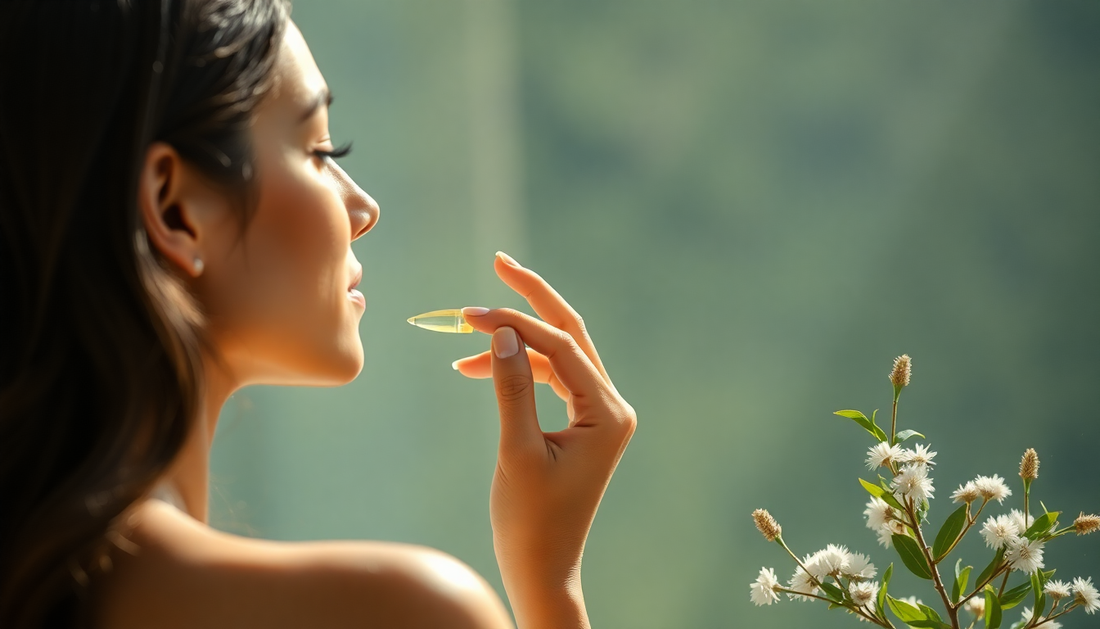 A woman applying natural organic serum in a serene setting