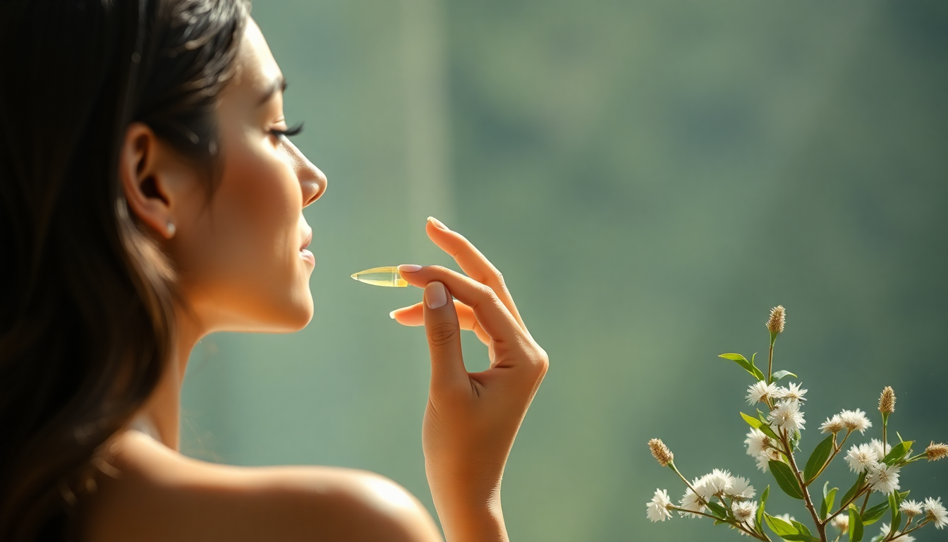 A woman applying natural organic serum in a serene setting