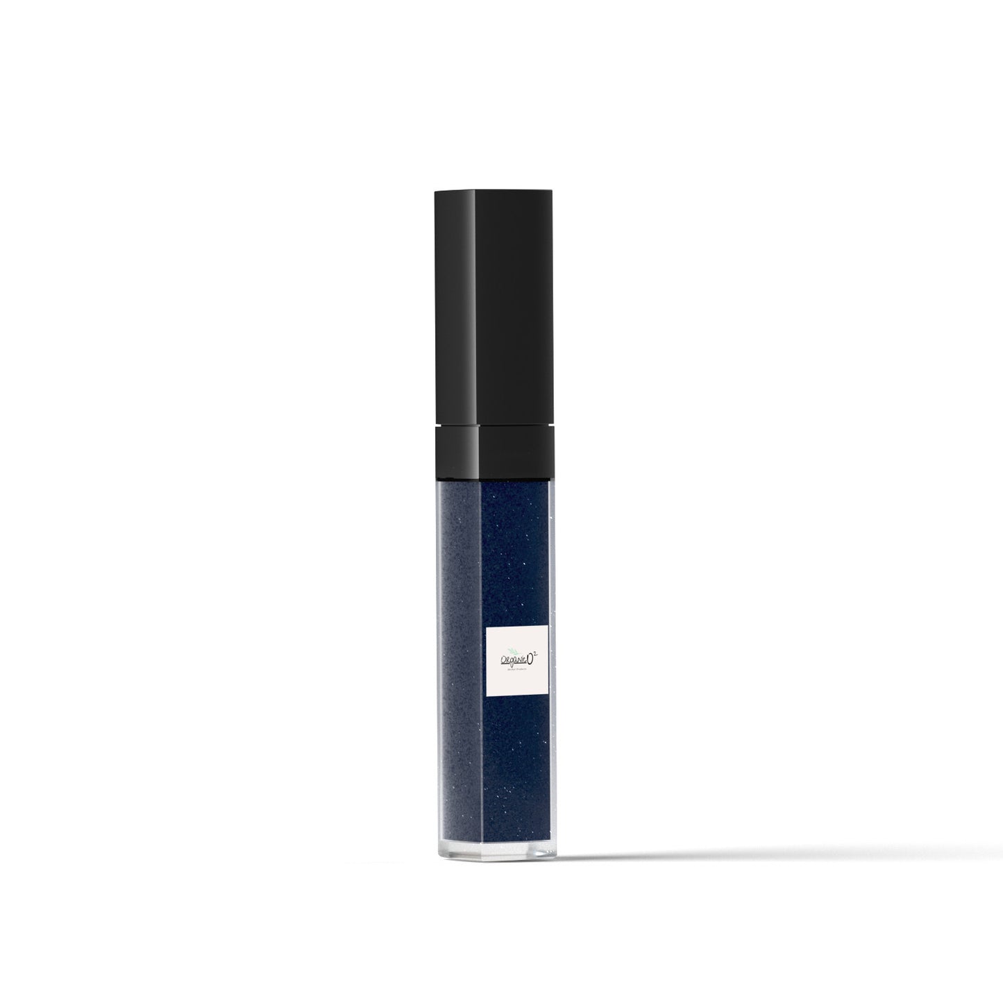 My Store organic lip gloss in sleek black tube with deep blue glittery color