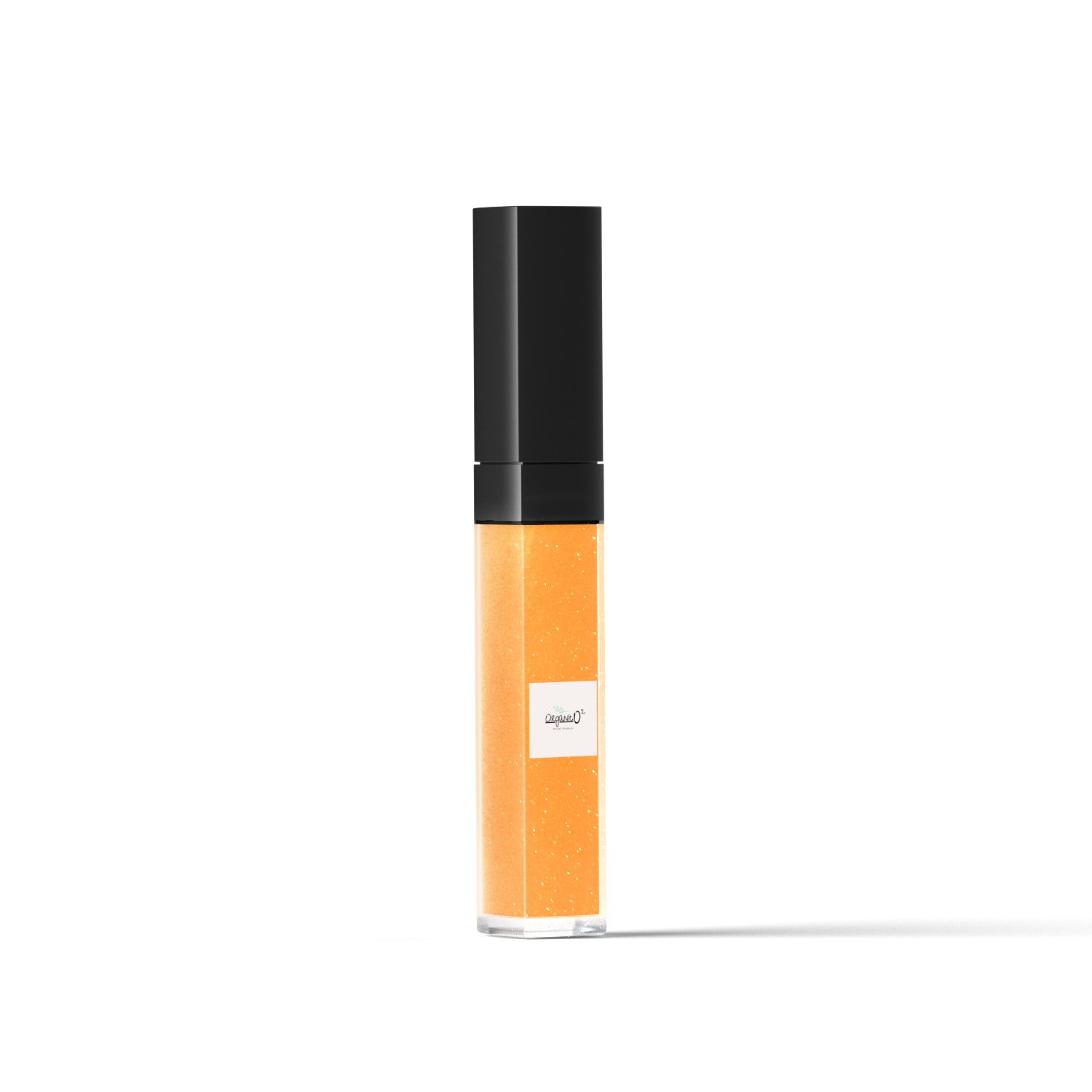 My Store orange organic lip gloss with black cap and subtle shimmer in clear tube