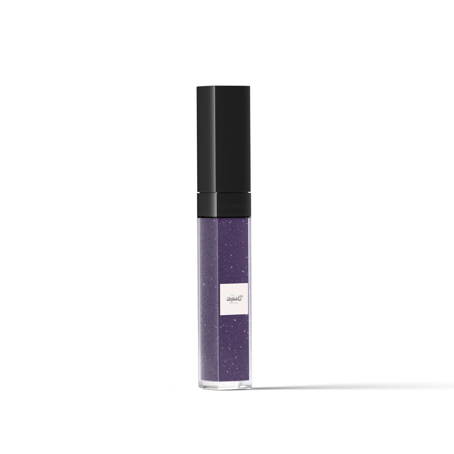 My Store organic lip gloss in a purple shade with black cap and glitter particles