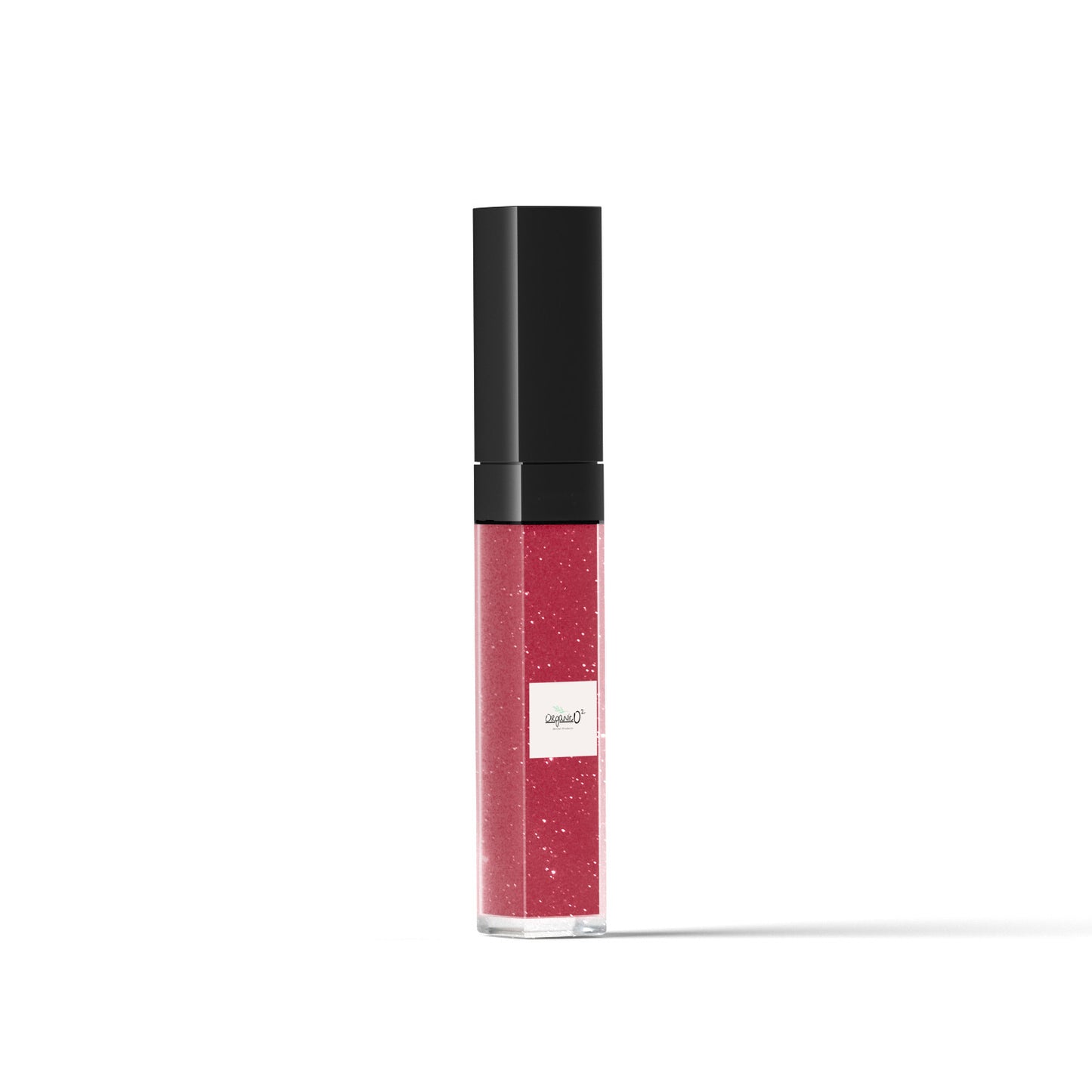 My Store organic lip gloss in a clear tube with black cap and pink glittery shade