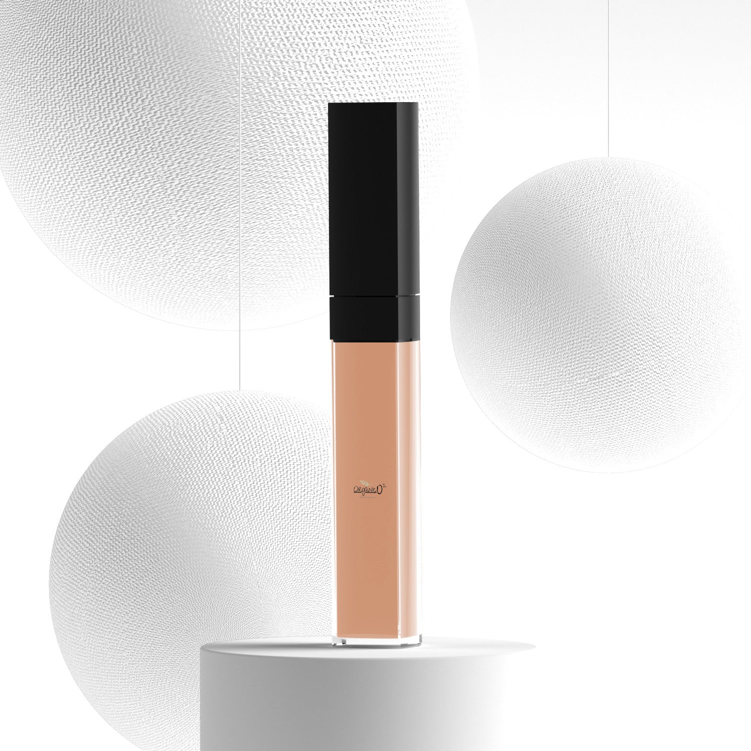 My Store liquid lipstick in nude shade with black cap organic lip gloss displayed on white pedestal