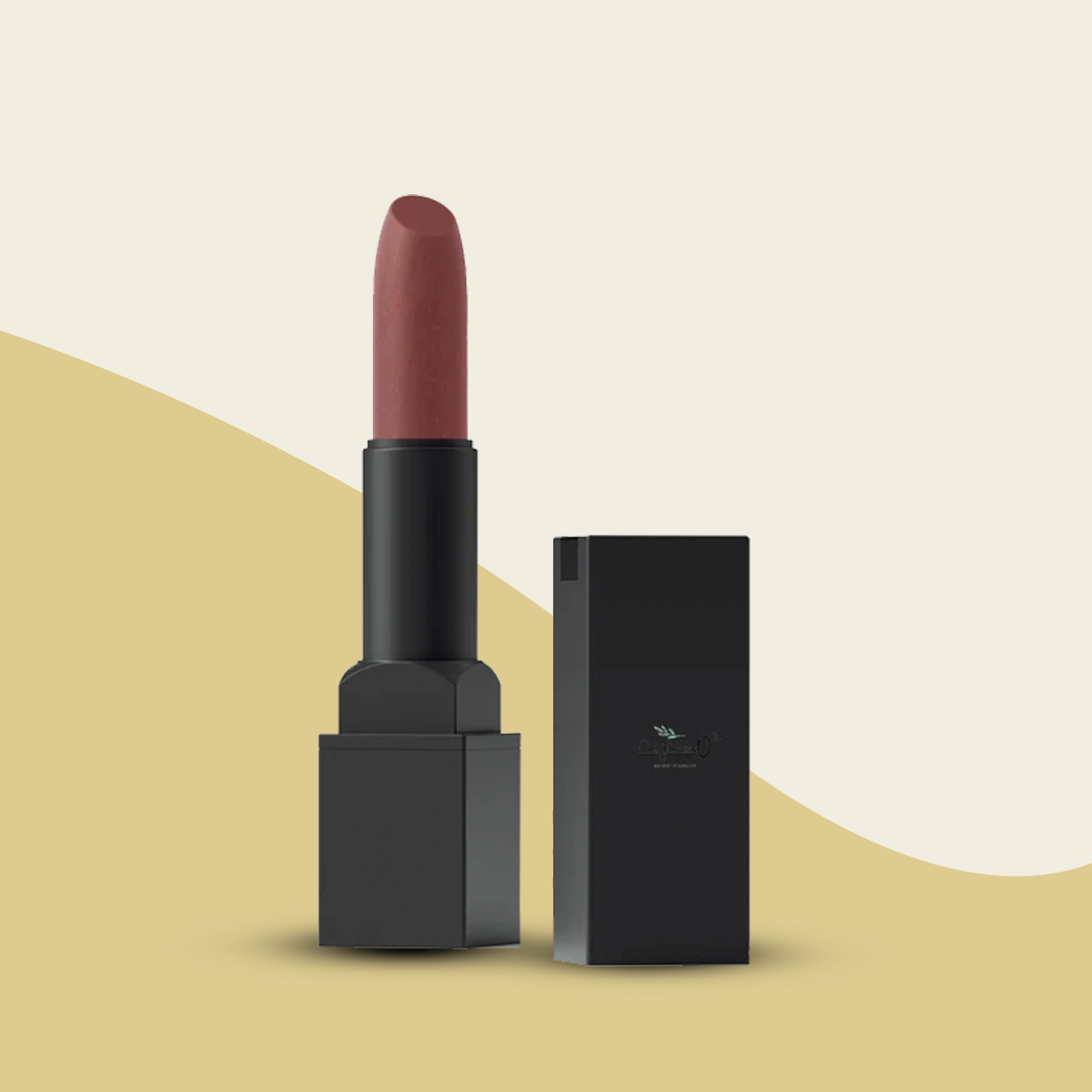 Matte organic purple lipstick in black tube with cap beside it from My Store